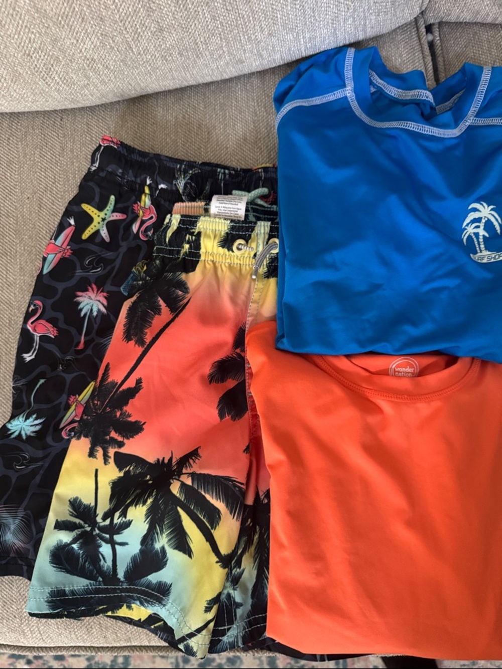 Boys Tropical Swim Set - Blue Rash Guard & Palm Print Boardshorts